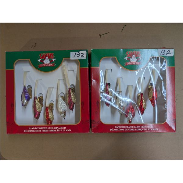 (2) Vintage Hand Decorated Glass Ornaments (Bird Design, W/ Original Box)