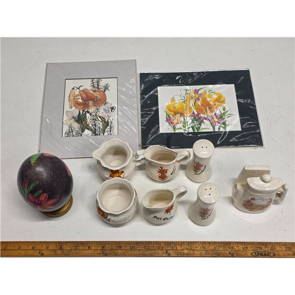 7 Pieces Prairie Lily China + 2 Prairie Lily Art Prints by Local Artist + Painted Emu Egg