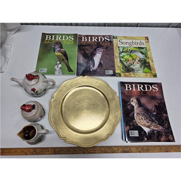 Red Cardinal Bird Pottery Tea Set and 6 Bird Books