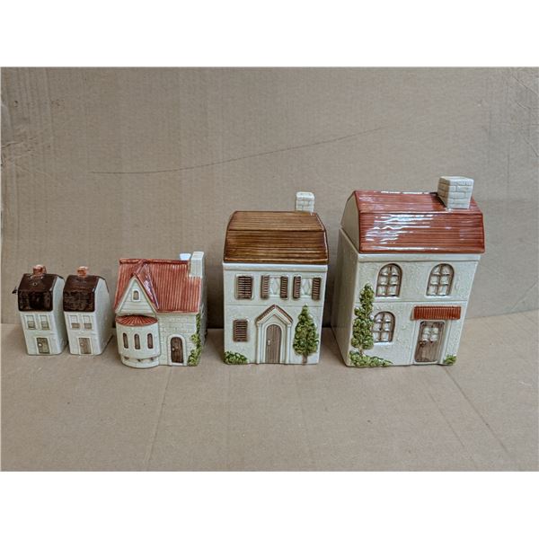 Vintage 1980 Porcelain Set of Salt and Pepper Shakers, Sugar, Flour, Etc.