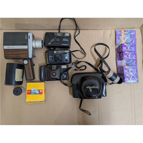 Lot of Vintage Cameras (non Tested) w/ Cases, Films, Lens, and etc.