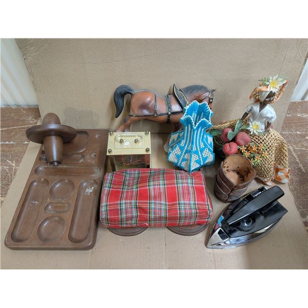 Box of Misc. Vintage Items (Vintage Iron, Clock, Craft made items, and etc.)