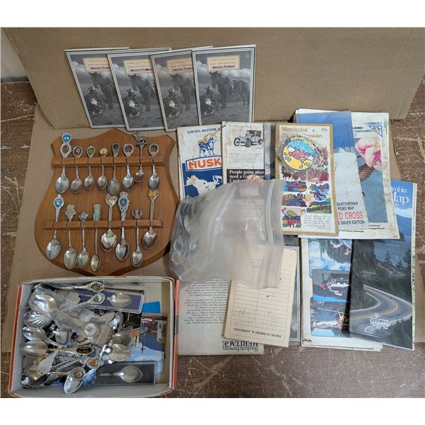 Box of Misc. Vintage Items (Decorative Spoons, Collectable's, Vintage Road Maps, and etc.)