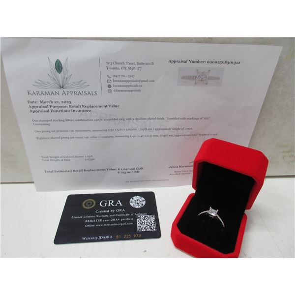 1.00 CT GRA CERTIFIED PRINCESS CUT MOISSANITE STONE VVS D COLOR WITH 18 ROUND BRILLIANT CUT CUBIC ZI