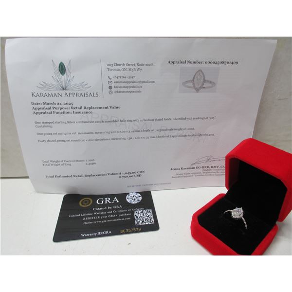 1.00 CT GRA CERTIFIED MARQUISE CUT MOISSANITE STONE VVS D COLOR WITH 40 ROUND BRILLIANT CUT CUBIC ZI