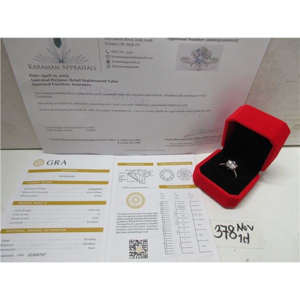 3.00 CT GRA CERTIFIED ROUND BRILLIANT CUT MOISSANITE STONE VVS D COLOR WITH 12 ROUND BRILLIANT CUT C