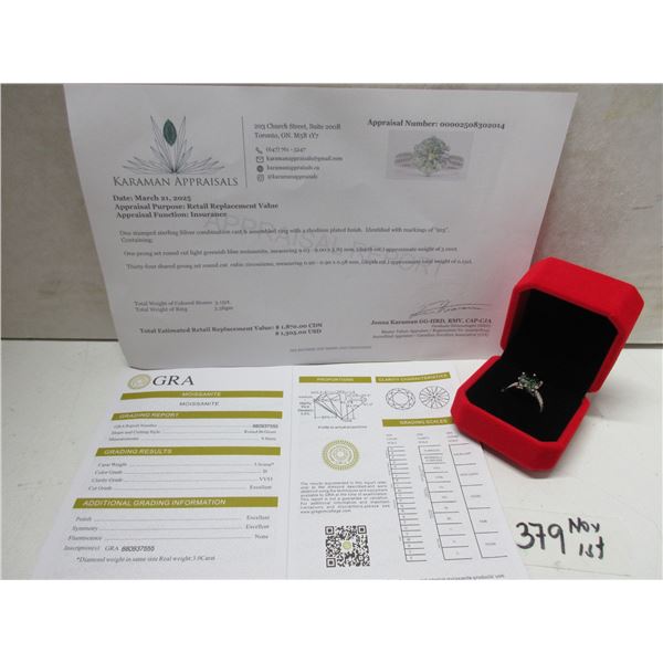 3.00 CT GRA CERTIFIED ROUND BRILLIANT CUT MOISSANITE STONE VVS BLUISH GREEN COLOR WITH 34 ROUND BRIL