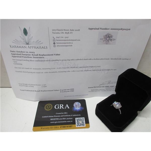 5.00 CT GRA CERTIFIED ROUND BRILLIANT CUT MOISSANITE STONE VVS D COLOR SET IN CENTER WITH 14 ROUND B