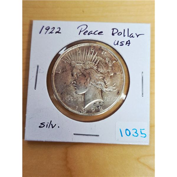 Silver 1922 USA peace dollar