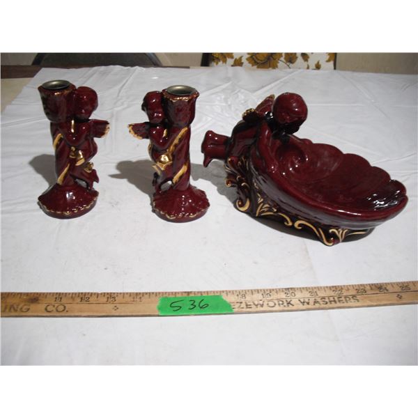 Ceramic cherub candle holder and cherub dish