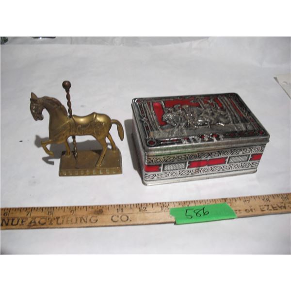 Vintage rileys toffee tin and small brass horse