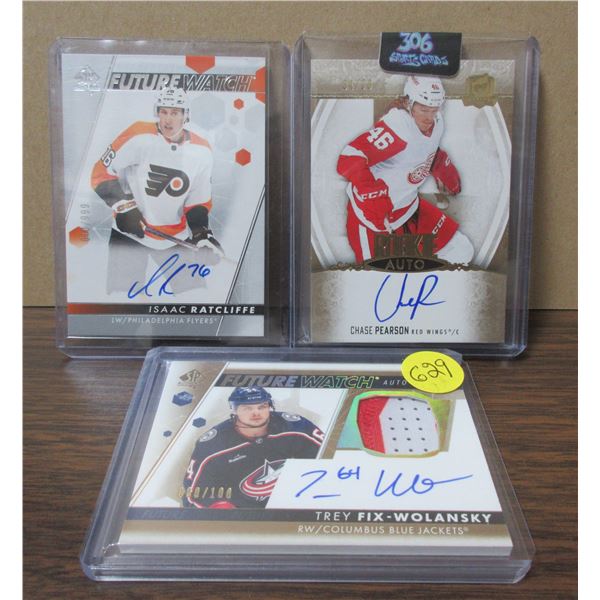 3 autographed rookie cards (pearson, ratdiffe and wolansky)