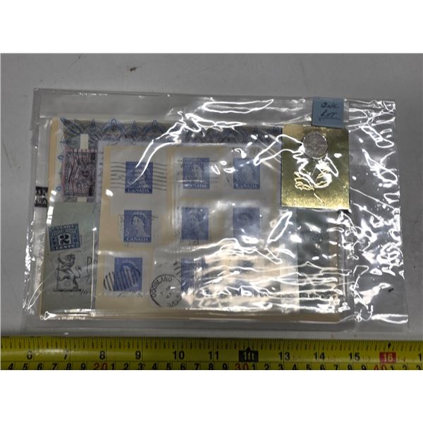 Stamps, coin and check