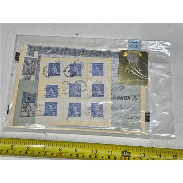 Stamps, coin and check
