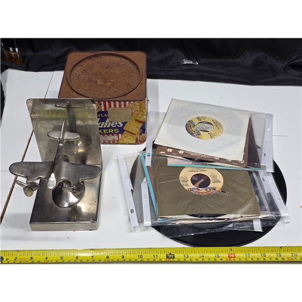 Metal statue and vinyl records