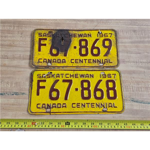 Pair of 1967 centennial Saskatchewan license plates