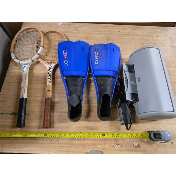 tennis racket, flippers and printer
