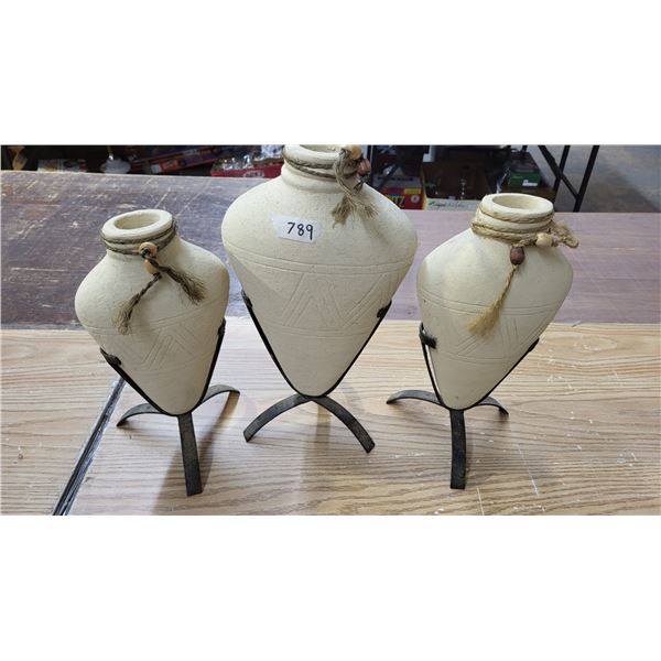 3 art deco vases with metal stands