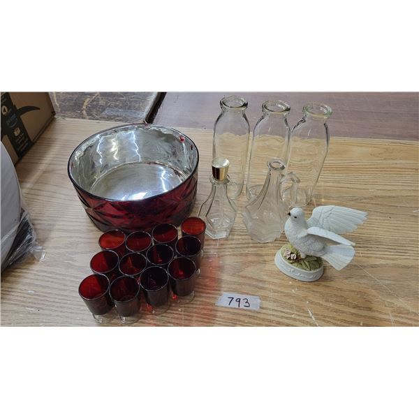 milk bottles, cranberry sherrry glasses, bowl & more