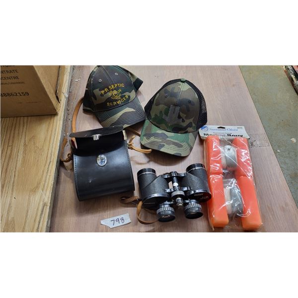 binoculars, marker bouys, caps