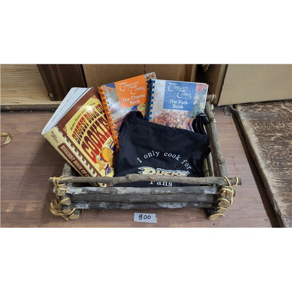 basket, cook books, apron