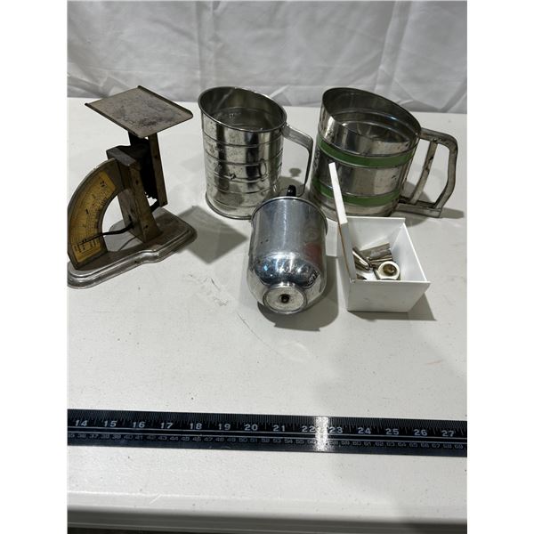 Vintage sifters (2), decorating kit & postal scale
