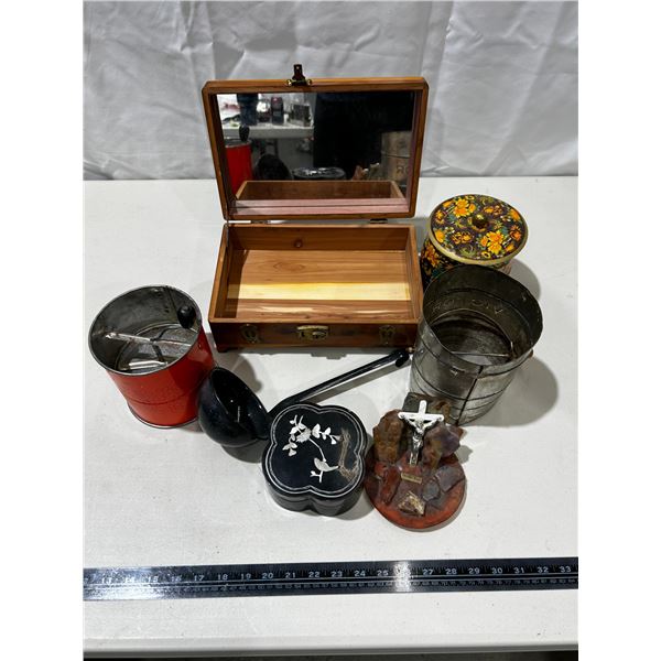 Cedar box, 2 vintage sifters & assorted items