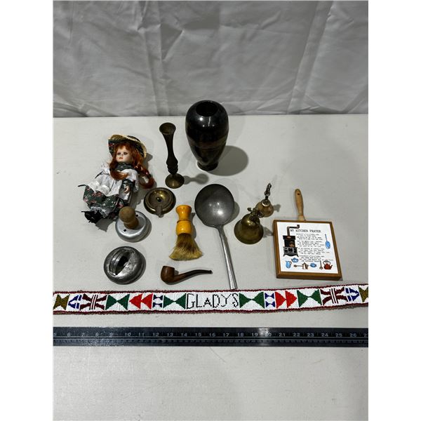 Assorted vintage ornmanets , tobacco pipe & beaded strap