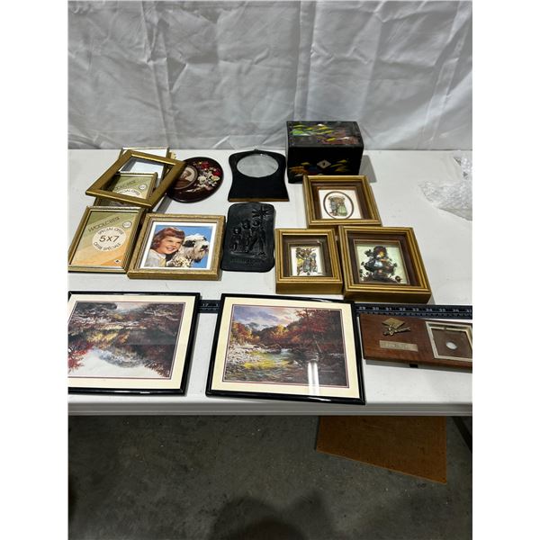 Assorted vintage picture frams, mirror, 3D pictures & box