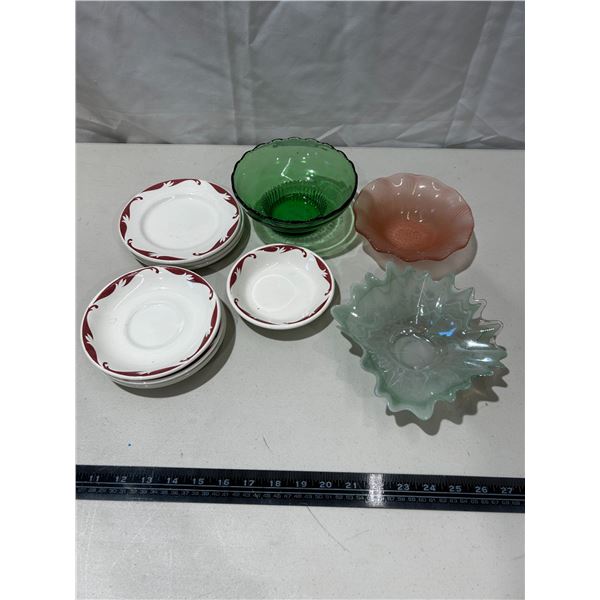 Vitrified Ridgway bowls, saucers & candy dishes (dark green dish has small chip)