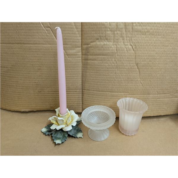 Yellow rose candle holder, 1 petal broken, not very noticeable, pink candle + unusual votive pink ca