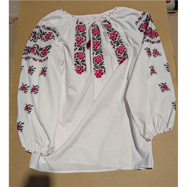 Cross Stitched Embroidered Ukrainian women’s blouse (black and red), fits XL. Very good con
