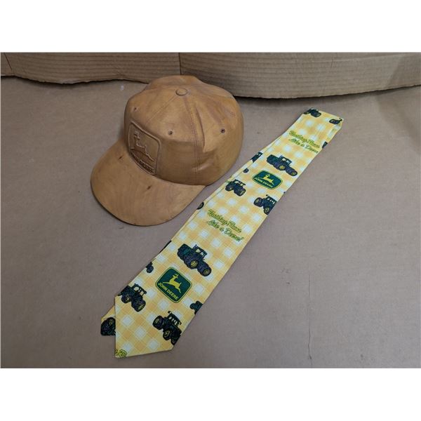 John Deere tie, very good condition + wood carved John Deere baseball cap by Highland Woodcarving St