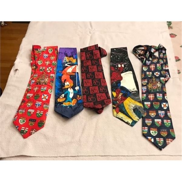Five novelty ties: red Canadian provinces’ Coat of Arms, Woody Woodpecker and Friends, bicy