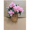 Image 1 : Wooden mug hand carved in Ukraine and artificial pink flowers.