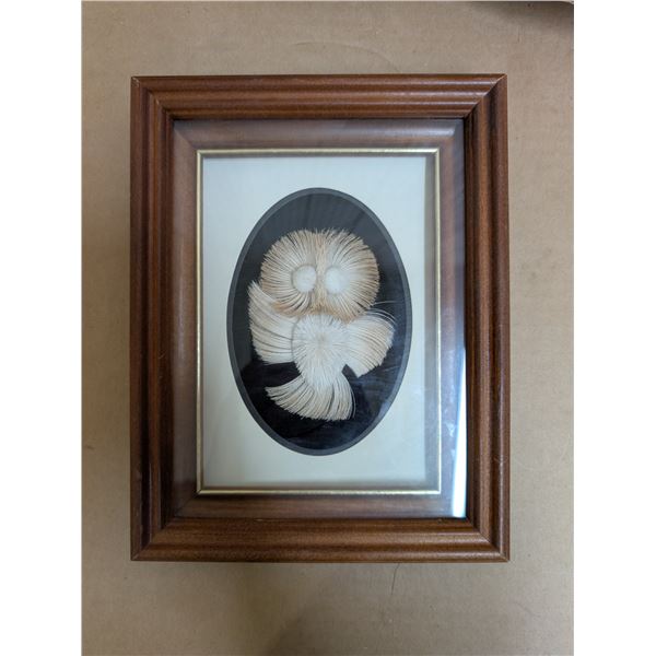 CARIBOU HAIR TUFFTINGS picture of an owl. By Myrtle de Meuilles, Aug, 89, Churchill, Man.