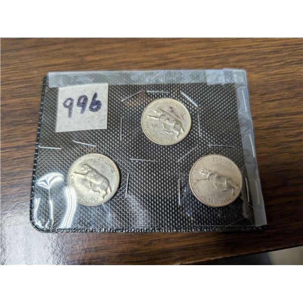 3-25 cent Silver Quarters, Cougar 1867-1967