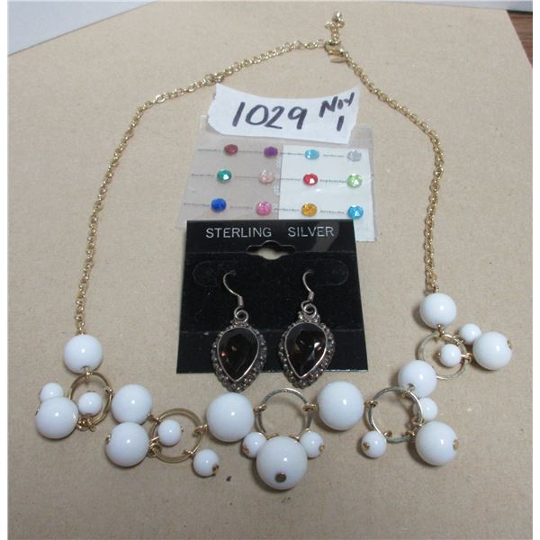 stering silver earings, gold colored necklace with pearls, misc