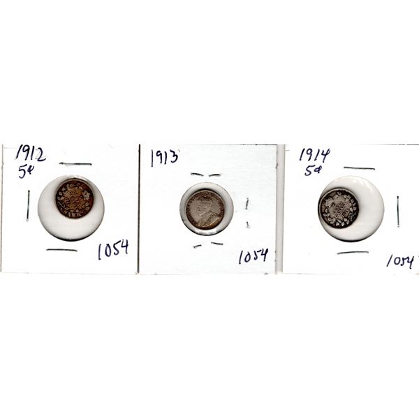1054.  1912, 1913, AND 1914 FIVE CENT SILVER