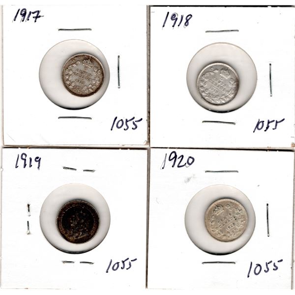 1055.  1917, 1918, 1919 AND 1920 FIVE CENT SILVER