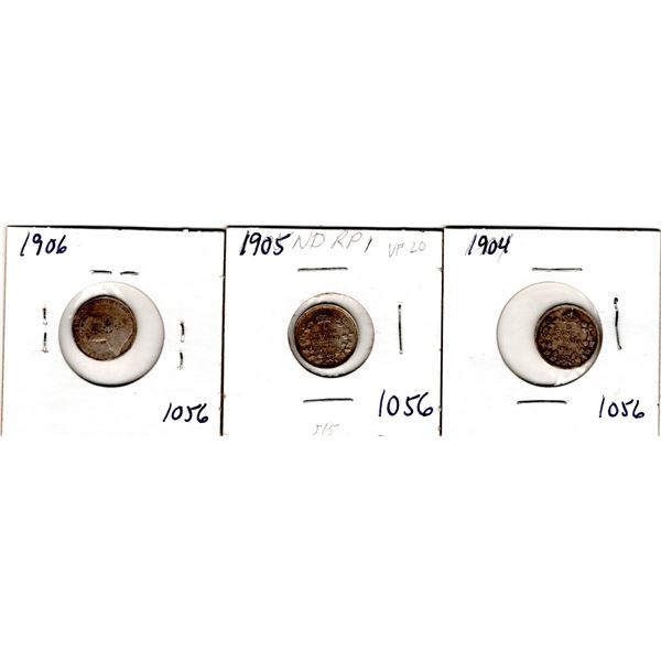 1056.  1904, 1905, AND 1906 FIVE CENT SILVER