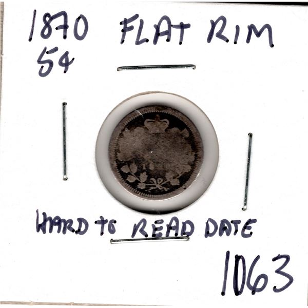 1063.  1870 FIVE CENT SILVER FLAT RIM HARD TO READ THE DATE