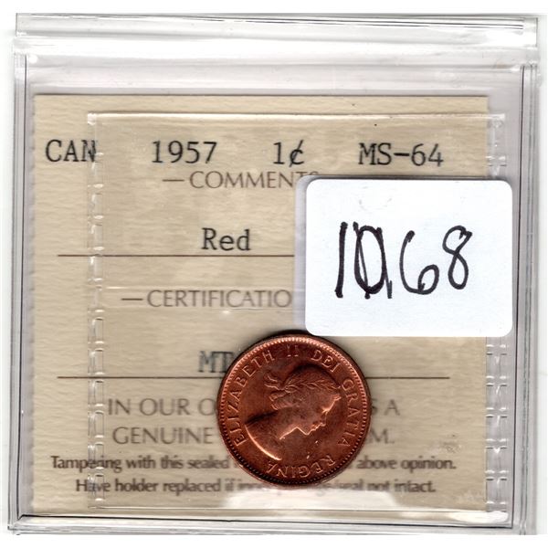 1068.  1957 ONE CENT MS-64 ICCS