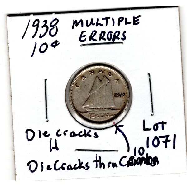 1071.  1938 TEN CENT MULTIPLE DIE CRACK ERRORS