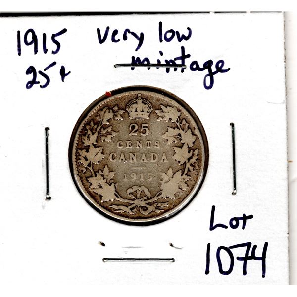 1074.  1915 TWENTY-FIVE CENT VERY LOW MINTAGE