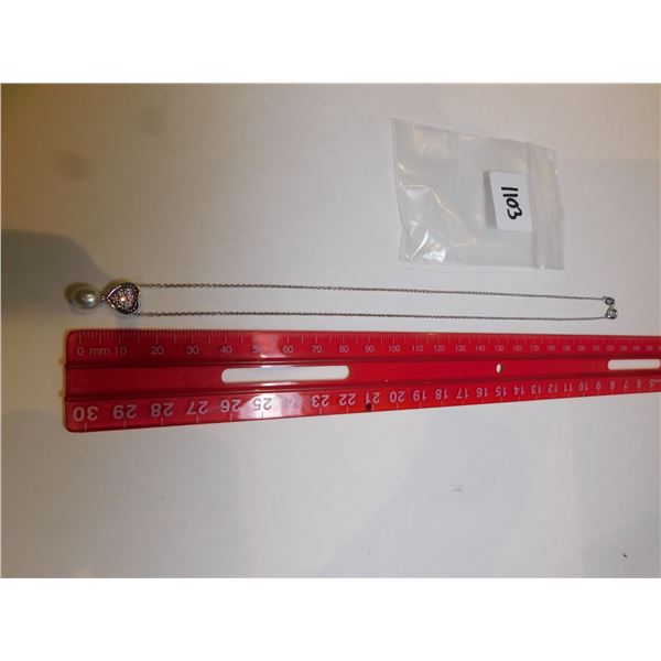 1103.  STERLING SILVER PEARL IN HEART PENDANT ON STERLING CHAIN