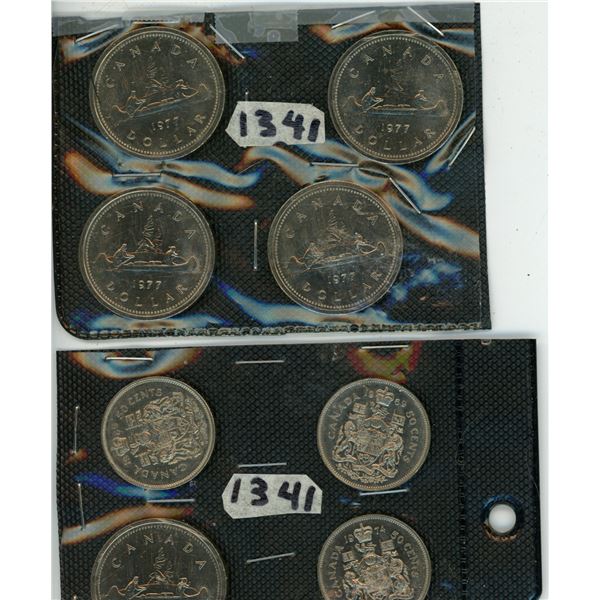1341:  5-Canoe One Dollar Canadian Coins 1977 + 3-50 cent Canadian Coins: 1969, 1969 and 1974