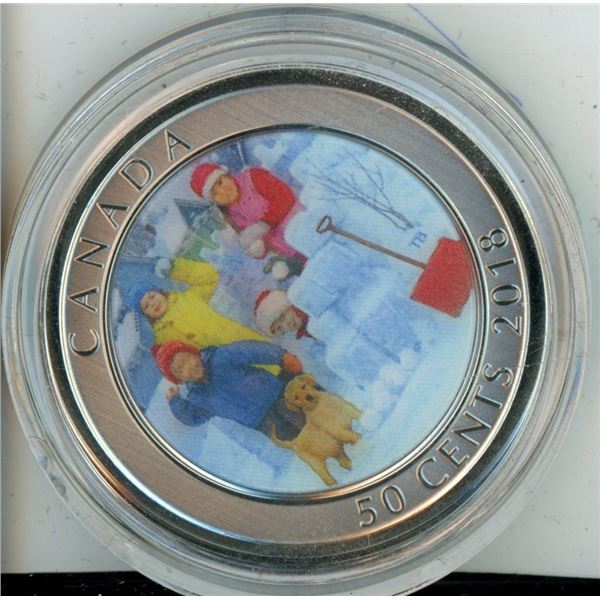 Royal Canadian Mint Coin, Housed in original Case 2018 50-Cent Lenticular Coin, Snow Ball Fight