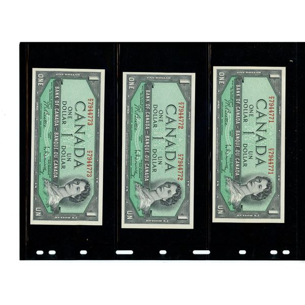 (3) 1954 Canadian One Dollar Bills In Sequence Order 794471-73