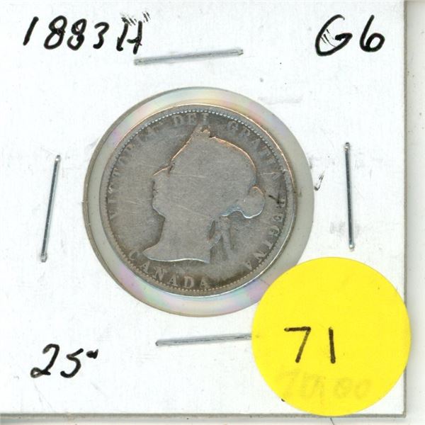 1883 - H Canada Silver 25 Cents Coin.